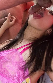 Nana Kunimi Asian in pink lingerie sucks and licks two hard dicks