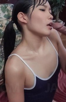 Yui Kasugano Asian gets cum on bath suit and tongue after blowjob