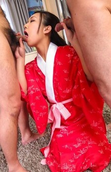 Saki Fujii Asian in kimono gets cum from sucking and riding cocks
